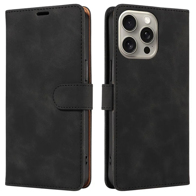 For iPhone 13 Pro Max Case RFID Blocking Wallet Stand Leather Flip Phone Cover with Slim Strap - Black