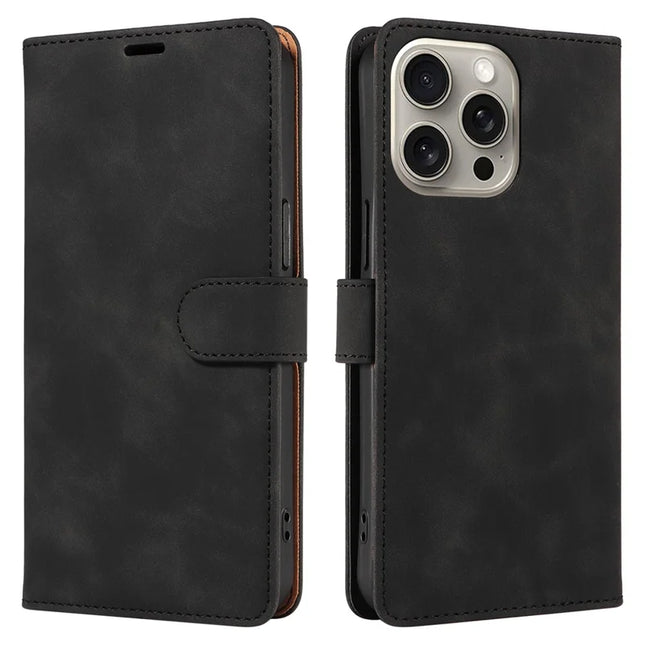 For iPhone 16 Pro Case RFID Blocking Wallet Stand Leather Flip Phone Cover with Slim Strap - Black
