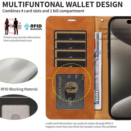 For iPhone 16 Pro Case RFID Blocking Wallet Stand Leather Flip Phone Cover with Slim Strap