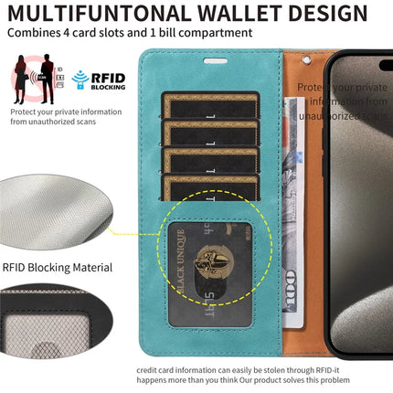 For iPhone 16 Pro Max Case RFID Blocking Wallet Stand Leather Flip Phone Cover with Slim Strap