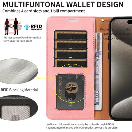 For iPhone 16 Pro Max Case RFID Blocking Wallet Stand Leather Flip Phone Cover with Slim Strap