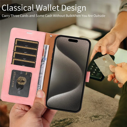 For iPhone 16 Pro Max Case RFID Blocking Wallet Stand Leather Flip Phone Cover with Slim Strap