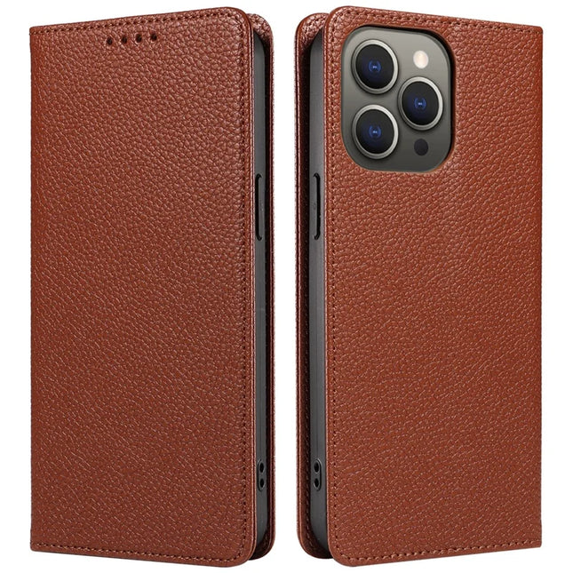 For iPhone 13 Pro Max Case RFID Blocking Strong Magnetic Leather Wallet Phone Cover - Brown