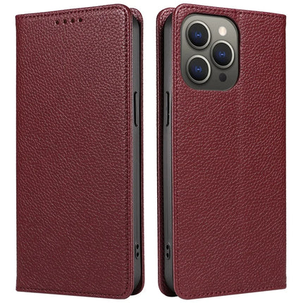 For iPhone 13 Pro Max Case RFID Blocking Strong Magnetic Leather Wallet Phone Cover - Wine Red