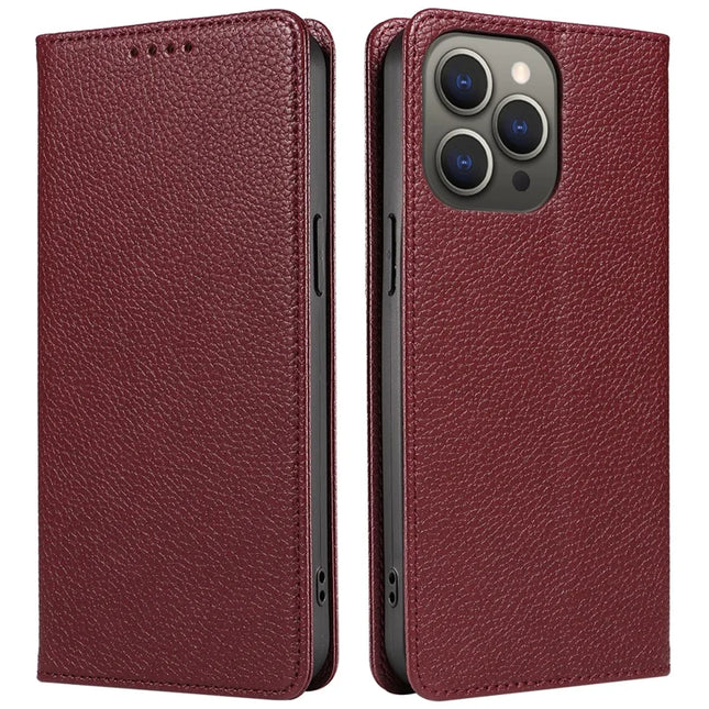 For iPhone 13 Pro Max Case RFID Blocking Strong Magnetic Leather Wallet Phone Cover - Wine Red