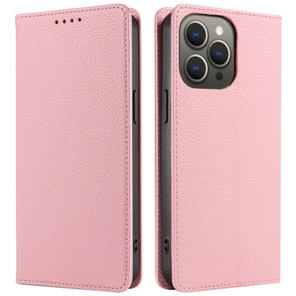 For iPhone 13 Pro Max Case RFID Blocking Strong Magnetic Leather Wallet Phone Cover - Pink