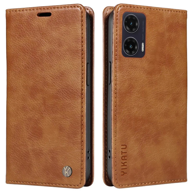 YIKATU YK-006 For Motorola Moto G35 5G Case Card Slots Magnetic Closure Leather Phone Cover Litchi Texture - Brown