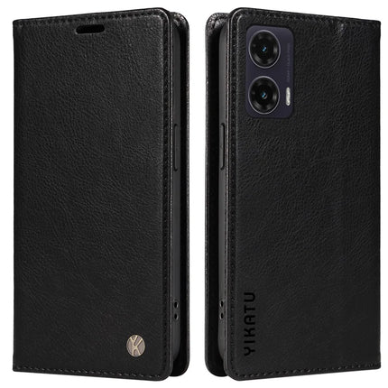 YIKATU YK-006 For Motorola Moto G35 5G Case Card Slots Magnetic Closure Leather Phone Cover Litchi Texture - Black