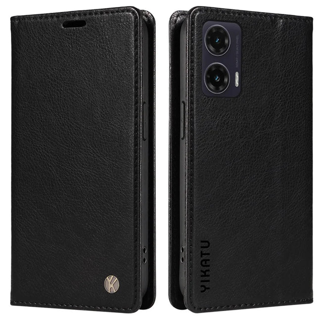 YIKATU YK-006 For Motorola Moto G35 5G Case Card Slots Magnetic Closure Leather Phone Cover Litchi Texture - Black