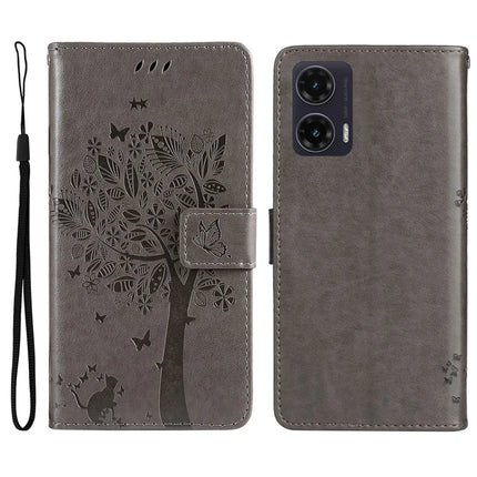 For Motorola Moto G35 5G Case Cat Tree Pattern Flip Leather Phone Cover - Grey