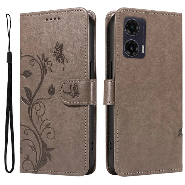 For Motorola Moto G35 5G Case Flower Pattern PU Leather Wallet Phone Cover - Grey