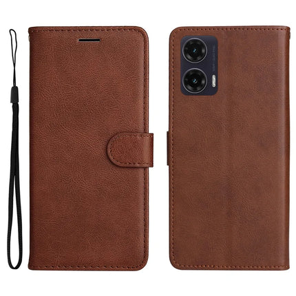 For Motorola Moto G35 5G Case Solid Color Leather Mobile Cover Wallet Stand with Strap - Brown
