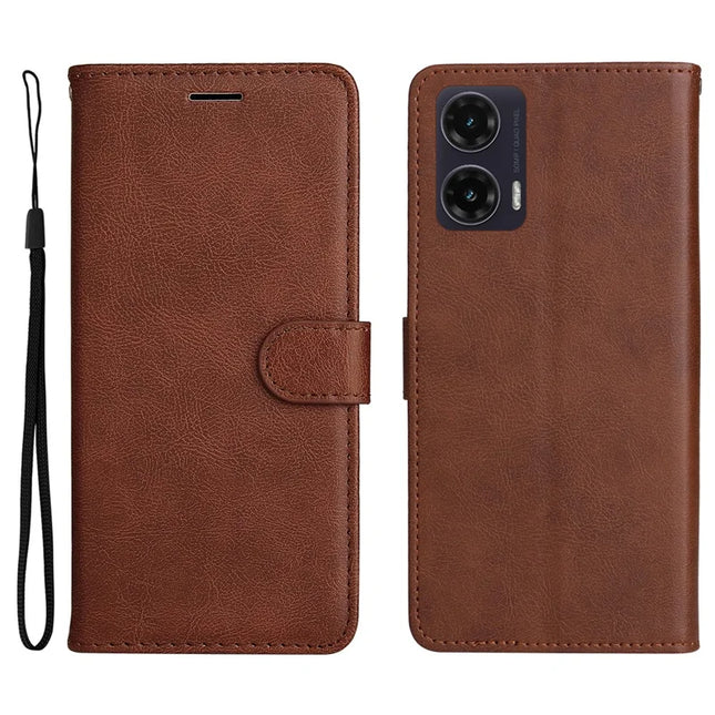 For Motorola Moto G35 5G Case Solid Color Leather Mobile Cover Wallet Stand with Strap - Brown