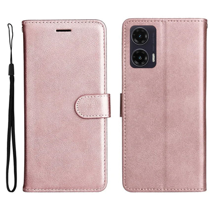 For Motorola Moto G35 5G Case Solid Color Leather Mobile Cover Wallet Stand with Strap - Rose Gold