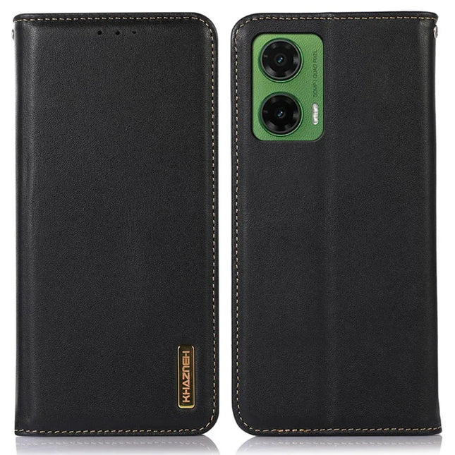 KHAZNEH For Motorola Moto G35 5G Case Genuine Cow Leather Wallet Phone Cover Nappa Texture - Black