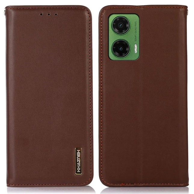 KHAZNEH For Motorola Moto G35 5G Case Genuine Cow Leather Wallet Phone Cover Nappa Texture - Brown