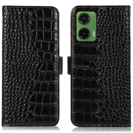 For Motorola Moto G35 5G Case Crocodile Texture Genuine Cow Leather Phone Wallet Cover - Black