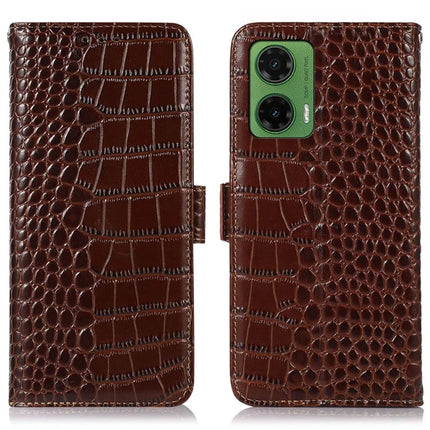 For Motorola Moto G35 5G Case Crocodile Texture Genuine Cow Leather Phone Wallet Cover - Brown