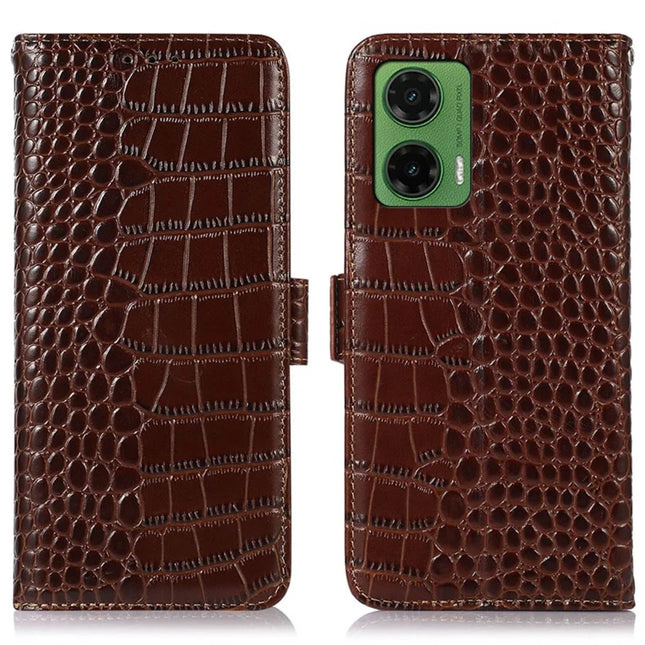 For Motorola Moto G35 5G Case Crocodile Texture Genuine Cow Leather Phone Wallet Cover - Brown
