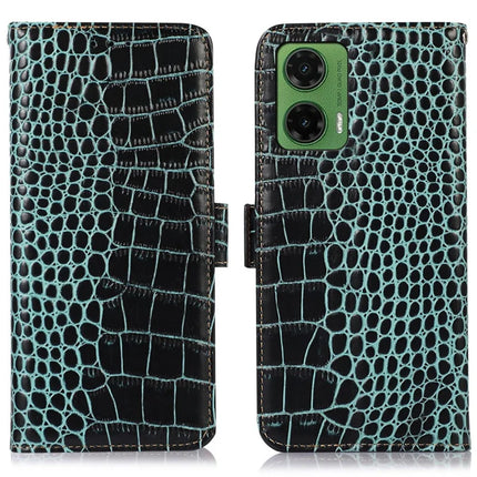 For Motorola Moto G35 5G Case Crocodile Texture Genuine Cow Leather Phone Wallet Cover - Green