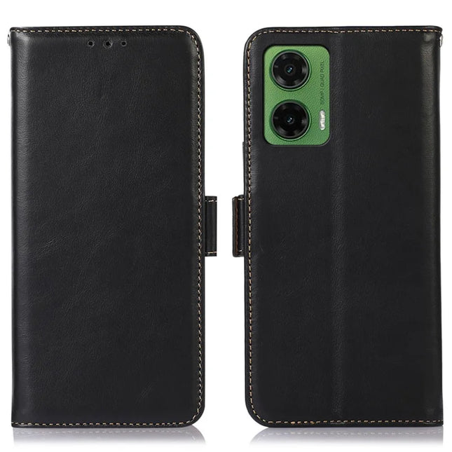 For Motorola Moto G35 5G Case RFID Blocking Genuine Cow Leather Wallet Phone Cover - Black