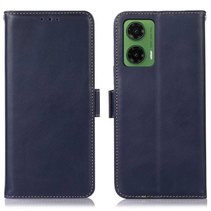 For Motorola Moto G35 5G Case RFID Blocking Genuine Cow Leather Wallet Phone Cover - Blue