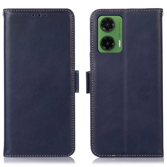 For Motorola Moto G35 5G Case RFID Blocking Genuine Cow Leather Wallet Phone Cover - Blue