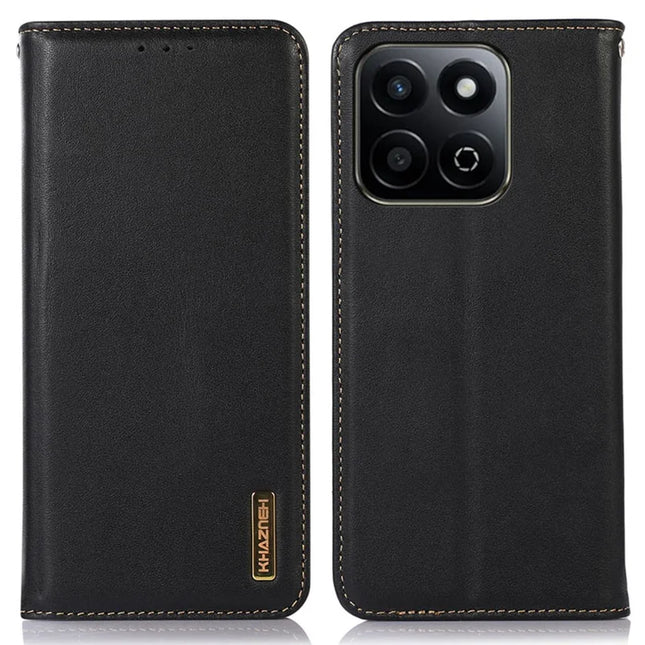 KHAZNEH For Honor X7c 4G / 200 Smart 5G / Play 60 Plus 5G Case Genuine Cow Leather Wallet Phone Cover Nappa Texture - Black