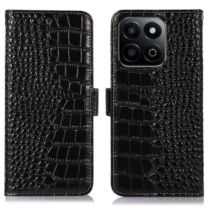 For Honor X7c 4G / 200 Smart 5G / Play 60 Plus 5G Case Crocodile Texture Genuine Cow Leather Phone Wallet Cover - Black