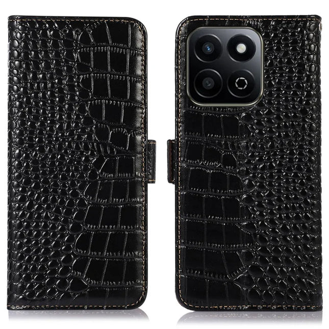 For Honor X7c 4G / 200 Smart 5G / Play 60 Plus 5G Case Crocodile Texture Genuine Cow Leather Phone Wallet Cover - Black