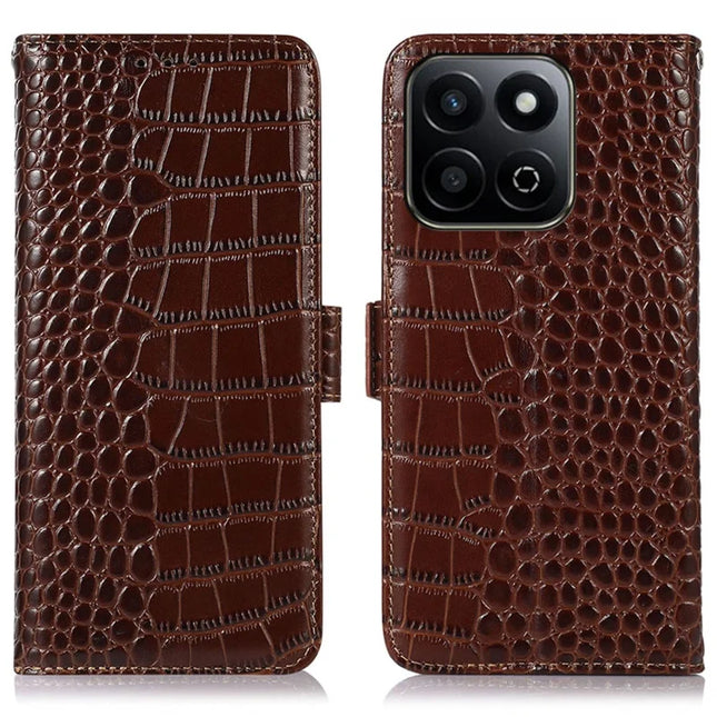 For Honor X7c 4G / 200 Smart 5G / Play 60 Plus 5G Case Crocodile Texture Genuine Cow Leather Phone Wallet Cover - Brown