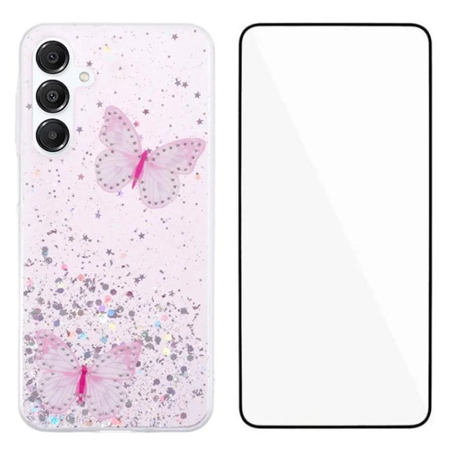 WANLONFENG AW Series for Samsung Galaxy A16 4G / 5G Case with Screen Film TPU Phone Cover PVC Butterfly Epoxy - Pink