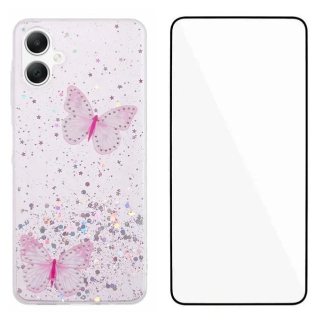WANLONFENG AW Series for Samsung Galaxy A06 Case with Screen Film TPU Phone Cover PVC Butterfly Epoxy - Pink