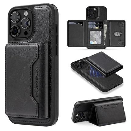 For iPhone 15 Pro Max Magnetic Case Leather Back Phone Cover with Detachable Card Bag - Black