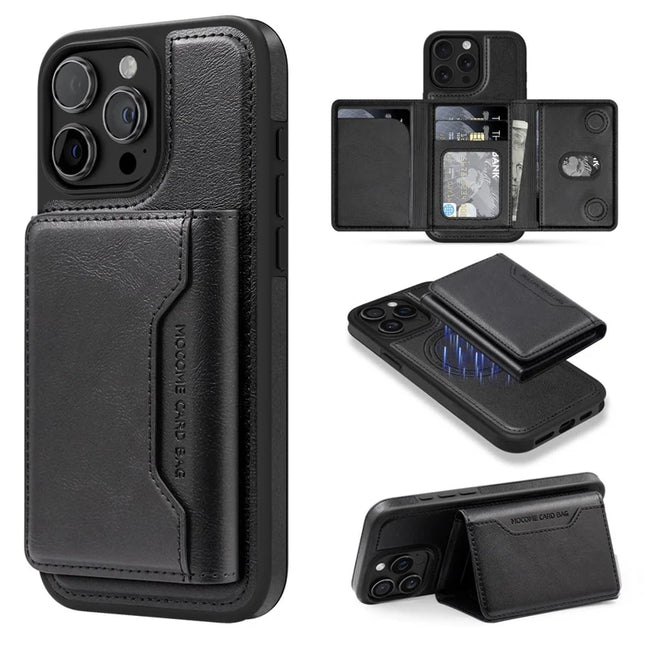 For iPhone 15 Pro Max Magnetic Case Leather Back Phone Cover with Detachable Card Bag - Black