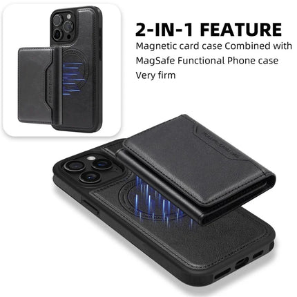 For iPhone 15 Pro Max Magnetic Case Leather Back Phone Cover with Detachable Card Bag
