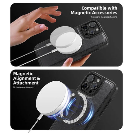 For iPhone 15 Pro Max Magnetic Case Leather Back Phone Cover with Detachable Card Bag