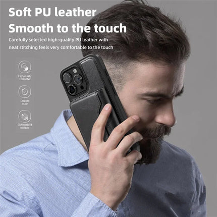 For iPhone 15 Pro Max Magnetic Case Leather Back Phone Cover with Detachable Card Bag
