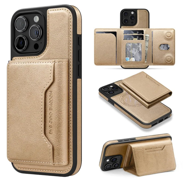 For iPhone 15 Pro Max Magnetic Case Leather Back Phone Cover with Detachable Card Bag - Gold
