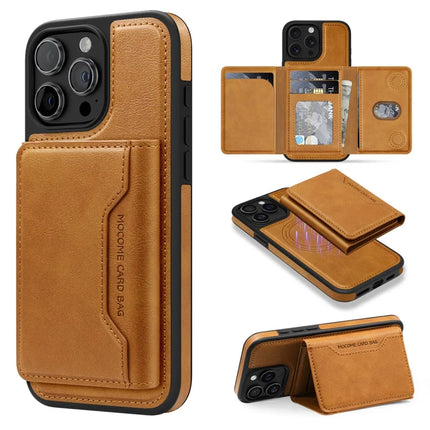 For iPhone 15 Pro Max Magnetic Case Leather Back Phone Cover with Detachable Card Bag - Brown