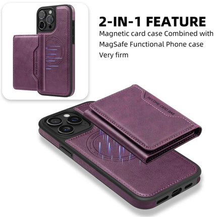 For iPhone 15 Pro Max Magnetic Case Leather Back Phone Cover with Detachable Card Bag