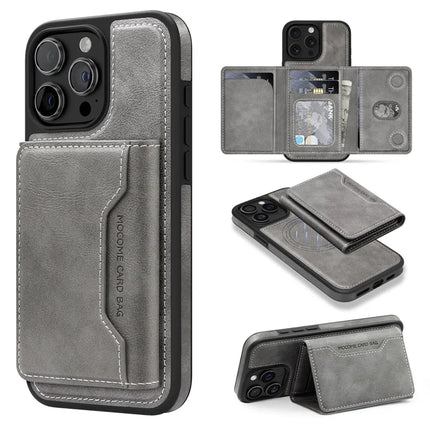 For iPhone 15 Pro Max Magnetic Case Leather Back Phone Cover with Detachable Card Bag - Titanium Grey