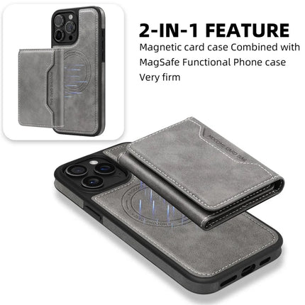 For iPhone 15 Pro Max Magnetic Case Leather Back Phone Cover with Detachable Card Bag