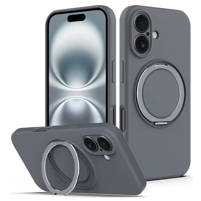 For iPhone 16 Plus Case Compatible with MagSafe Rotating Metal Kickstand PC + Silicone Phone Cover - Grey