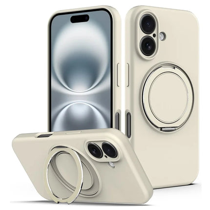 For iPhone 16 Plus Case Compatible with MagSafe Rotating Metal Kickstand PC + Silicone Phone Cover - Beige