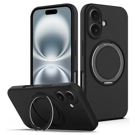 For iPhone 16 Plus Case Compatible with MagSafe Rotating Metal Kickstand PC + Silicone Phone Cover - Black