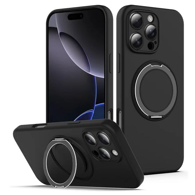 For iPhone 16 Pro Max Case Compatible with MagSafe Rotating Metal Kickstand PC + Silicone Phone Cover - Black