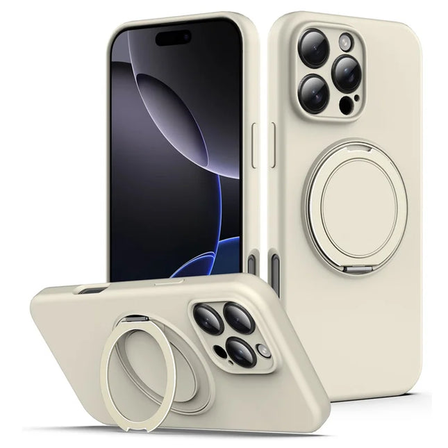 For iPhone 16 Pro Case Compatible with MagSafe Rotating Metal Kickstand PC + Silicone Phone Cover - Beige