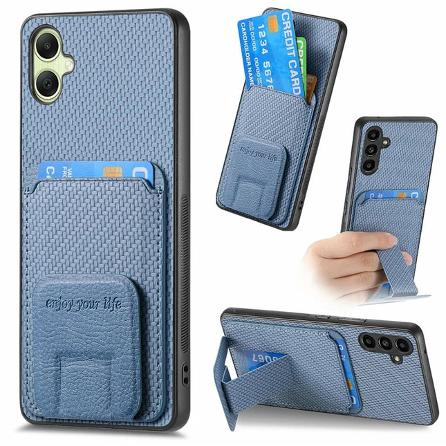 For Samsung Galaxy A06 Case Card Holder Carbon Fiber Texture Leather Coated TPU Phone Cover - Blue