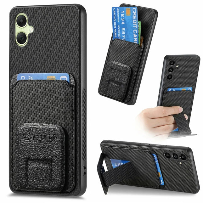 For Samsung Galaxy A06 Case Card Holder Carbon Fiber Texture Leather Coated TPU Phone Cover - Black